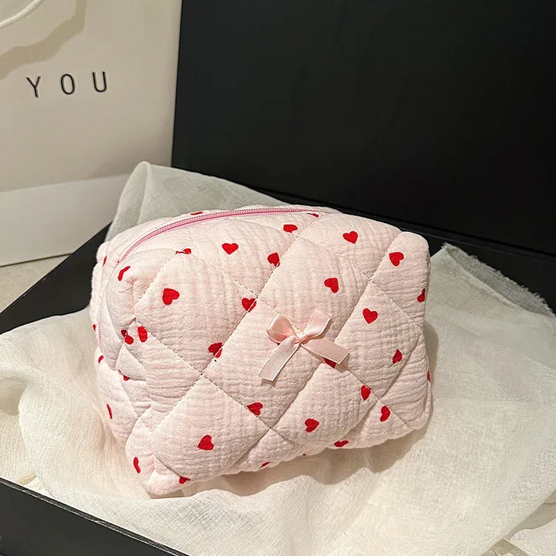 sac de rangement de maquillage matelassé à fleurs, organisateur de voyage portable, pochette de toilette cosmétique, sac à main de maquillage mignon, pochette