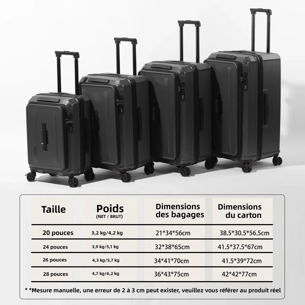 valise pc multifonctionnelle extensible avec serrure tsa, port usb type-c, roues antichoc, ouverture frontale, bagage cabine à roulettes