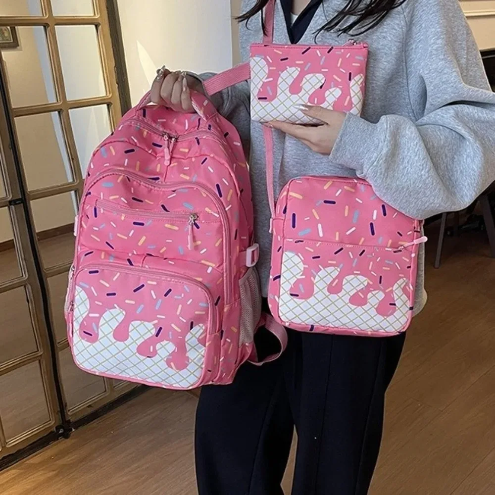 ensemble de sacs à dos en tissu oxford imprimé crème glacée avec trousse à crayons, sac à dos de grande capacité avec sac bandoulière et sac fourre-tout léger