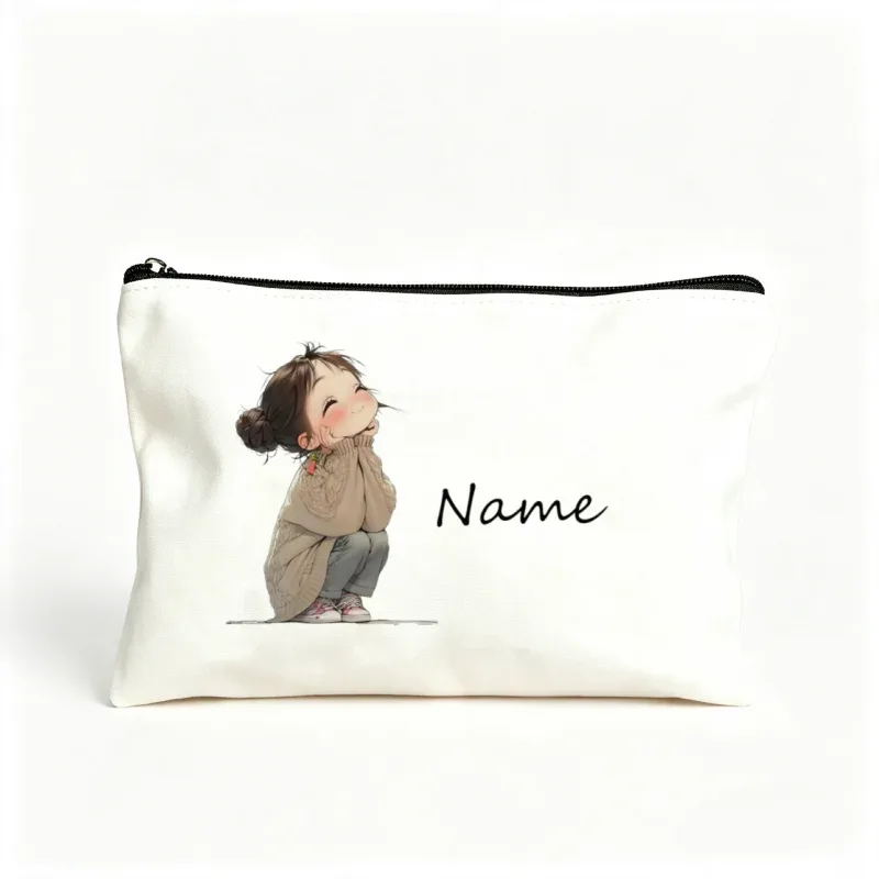 pochette de maquillage personnalisée avec imprimé de fille de dessin animé mignon, sac cosmétique de voyage, étui à fermeture éclair pour le rangement des rouges à lèvres, étui à crayons, sac à maquillage, cadeau pour femmes