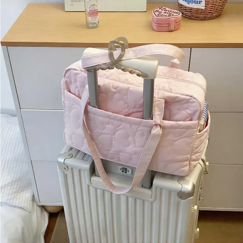 sac décontracté à porter sous le bras, sac de voyage, sac de style coréen de couleur unie, sac fourre-tout pour maman, sacs de rangement de voyage en forme de cœur pour femmes