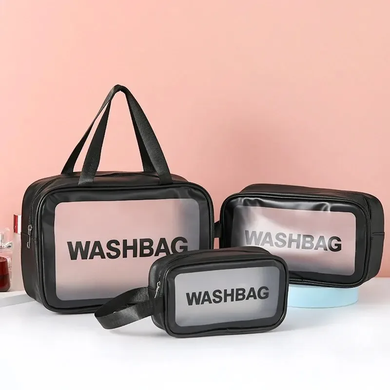 sac de maquillage et de toilette transparent en pu, 3 pièces, grande capacité, sac de rangement portable semi-transparent en pvc givré