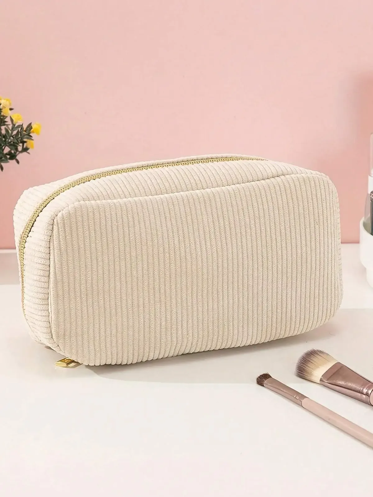 sac de maquillage beige en velours côtelé moelleux, sac à cosmétiques pour filles, organisateur de voyage, rangement de maquillage, sac de lavage pour femmes