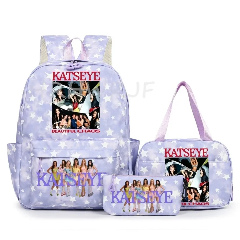 sac à dos katseye à thème musical, 3 pièces, imprimé étoiles roses, cartable amusant pour adolescents, étudiants, femmes, sac à dos pour ordinateur portable, sac de voyage mochila