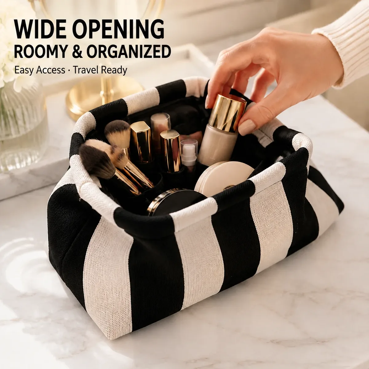 Pochette de rangement pour maquillage, sac à cosmétiques géométrique rayé, sac de toilette léger et portable pour voyage, sac à main pour femmes, sacs organisateurs