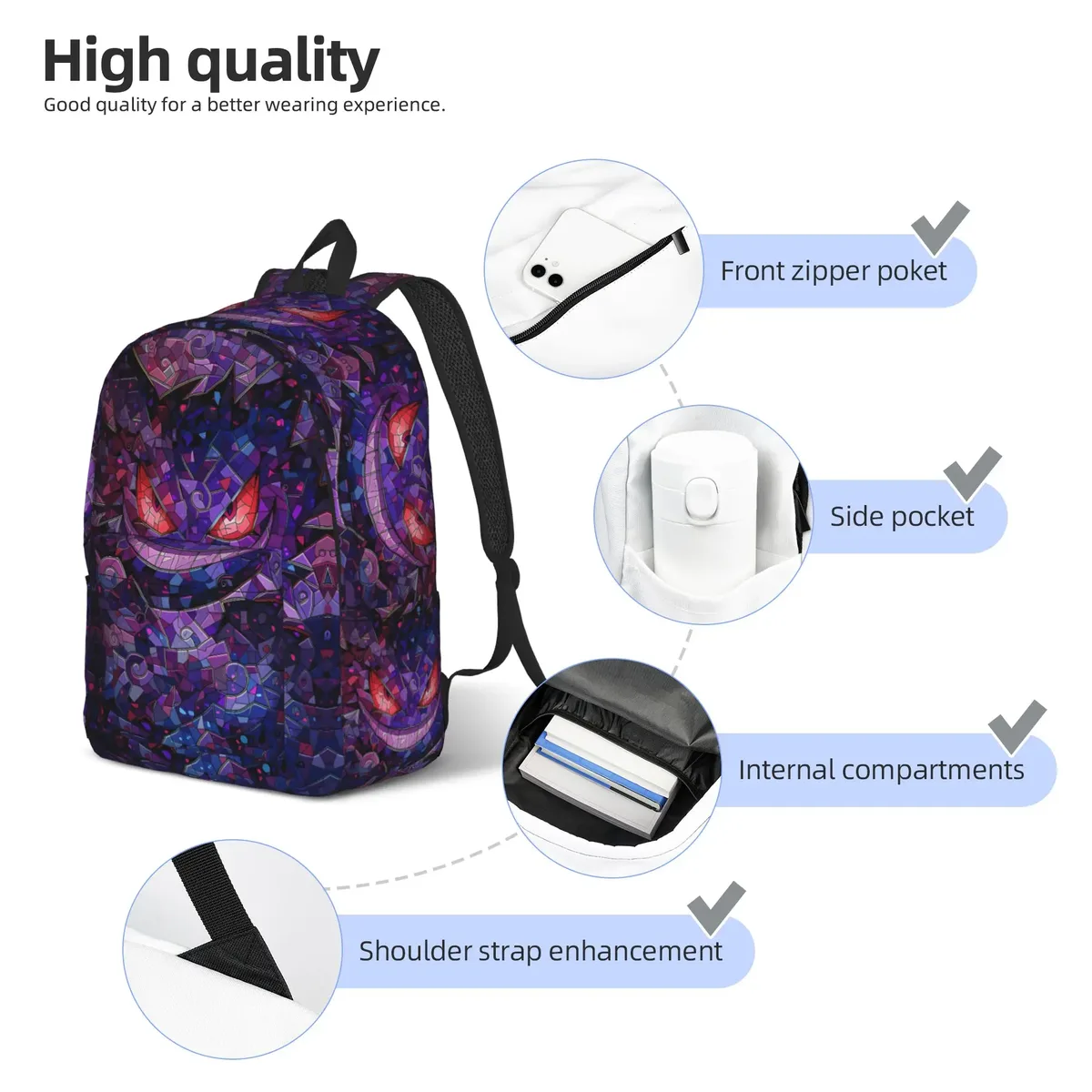 sac à dos tendance pokemon gengar pumpkin halloween, mochilas, sac à dos portable rétro lavable pour l'extérieur