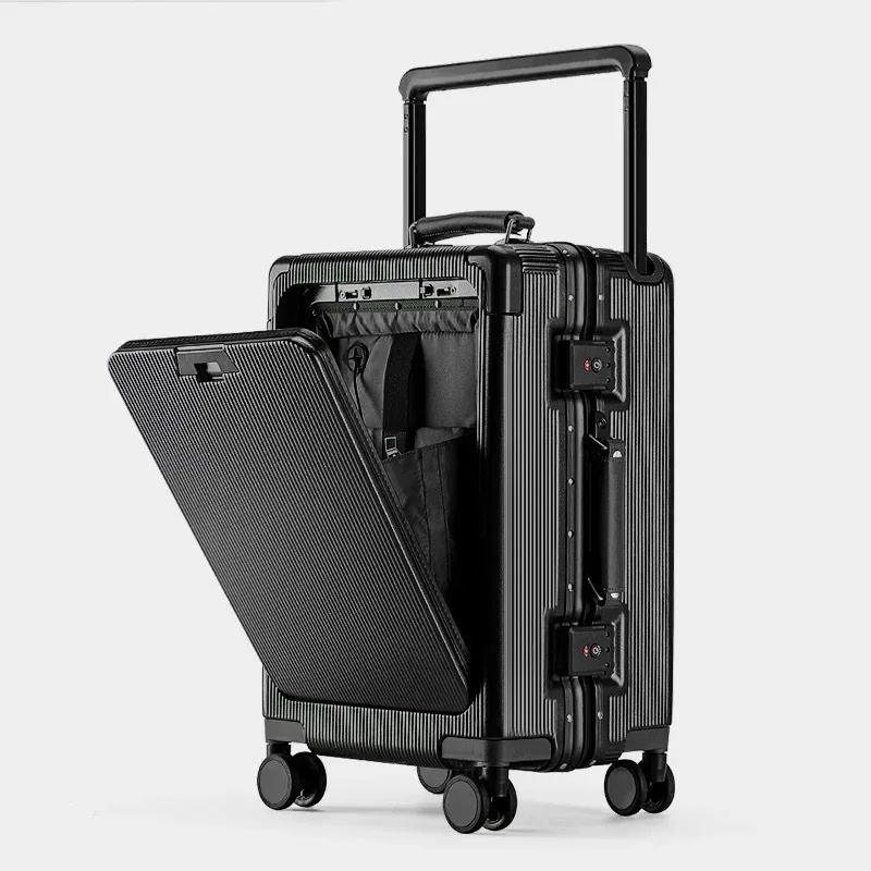 valise à roulettes de voyage d'affaires multifonctionnelle avec cadre en aluminium à ouverture frontale de 20 pouces, serrure à combinaison et poignée télescopique large