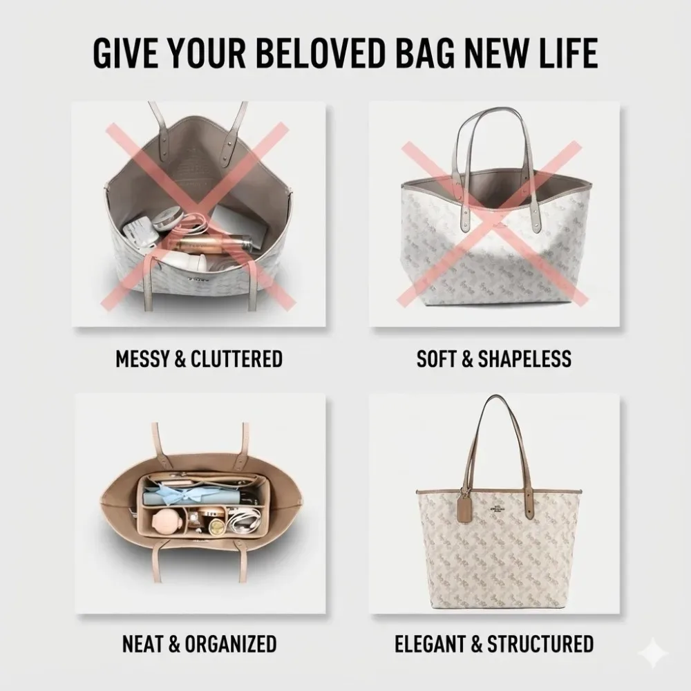 organisateur de sac à main pour coach central tote, avec fermeture éclair, séparateur de sac à main, formeur de sac à main, doublure avec plusieurs poches, sac de rangement pour le maquillage