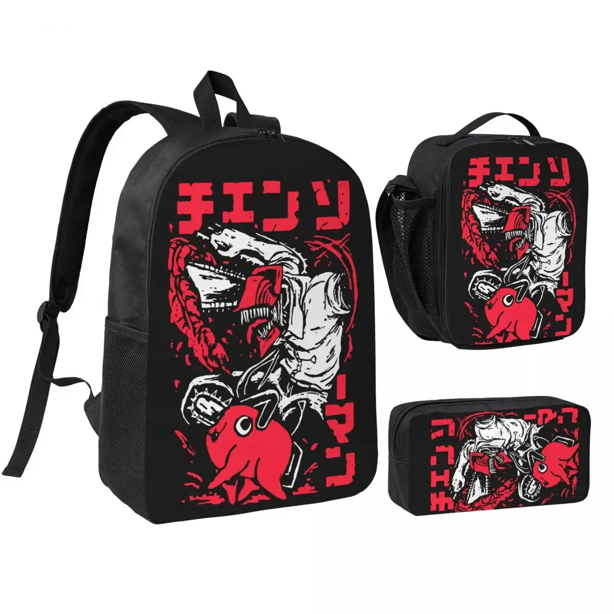 anime tronçonneuse homme 3pecs/ensemble sac à dos pour étudiant ordinateur portable sac à bandoulière sac à déjeuner trousse à crayons