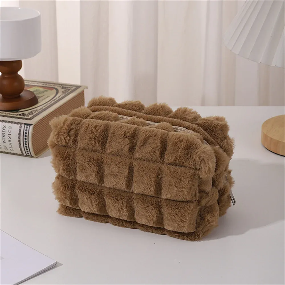 trousse de maquillage en peluche pour femme, sac de rangement cosmétique, rouge à lèvres, brosse, sacs à main chimevalupowers, grande capacité, trousse à crayons