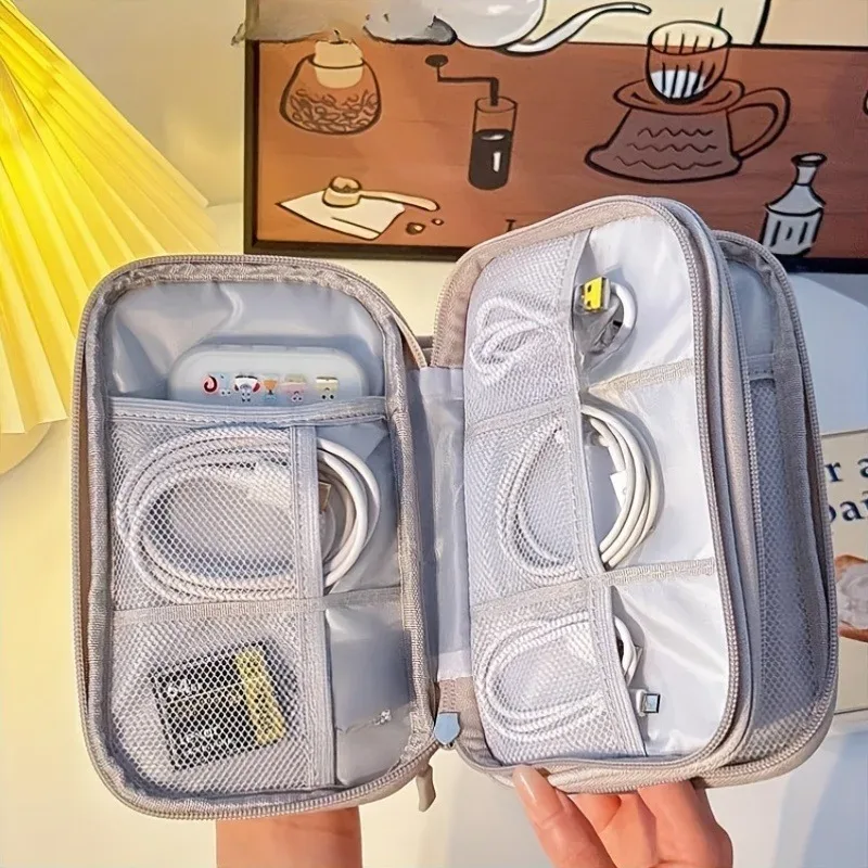 sac de rangement de voyage double couche, adapté au stockage de produits de toilette, d'accessoires cosmétiques, de câbles électroniques et de petits outils, 1 pièce