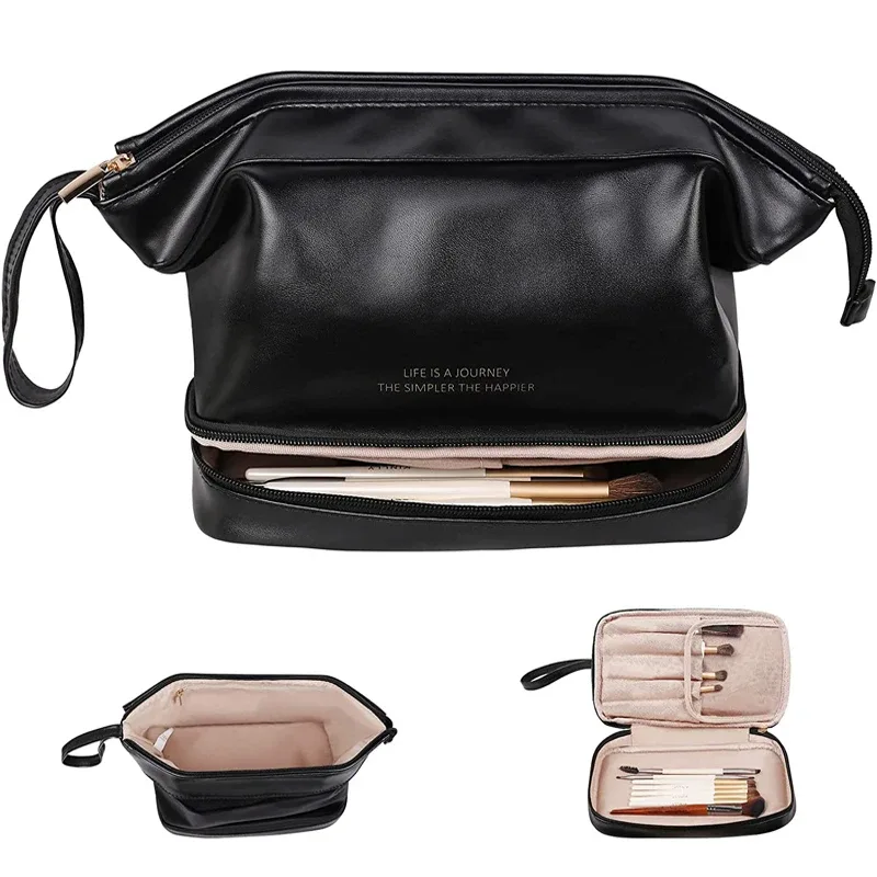 trousse de maquillage en cuir imperméable pour femmes et filles, grande trousse à cosmétiques double couche, trousse de toilette portable, trousse de rangement de maquillage, trousse de voyage