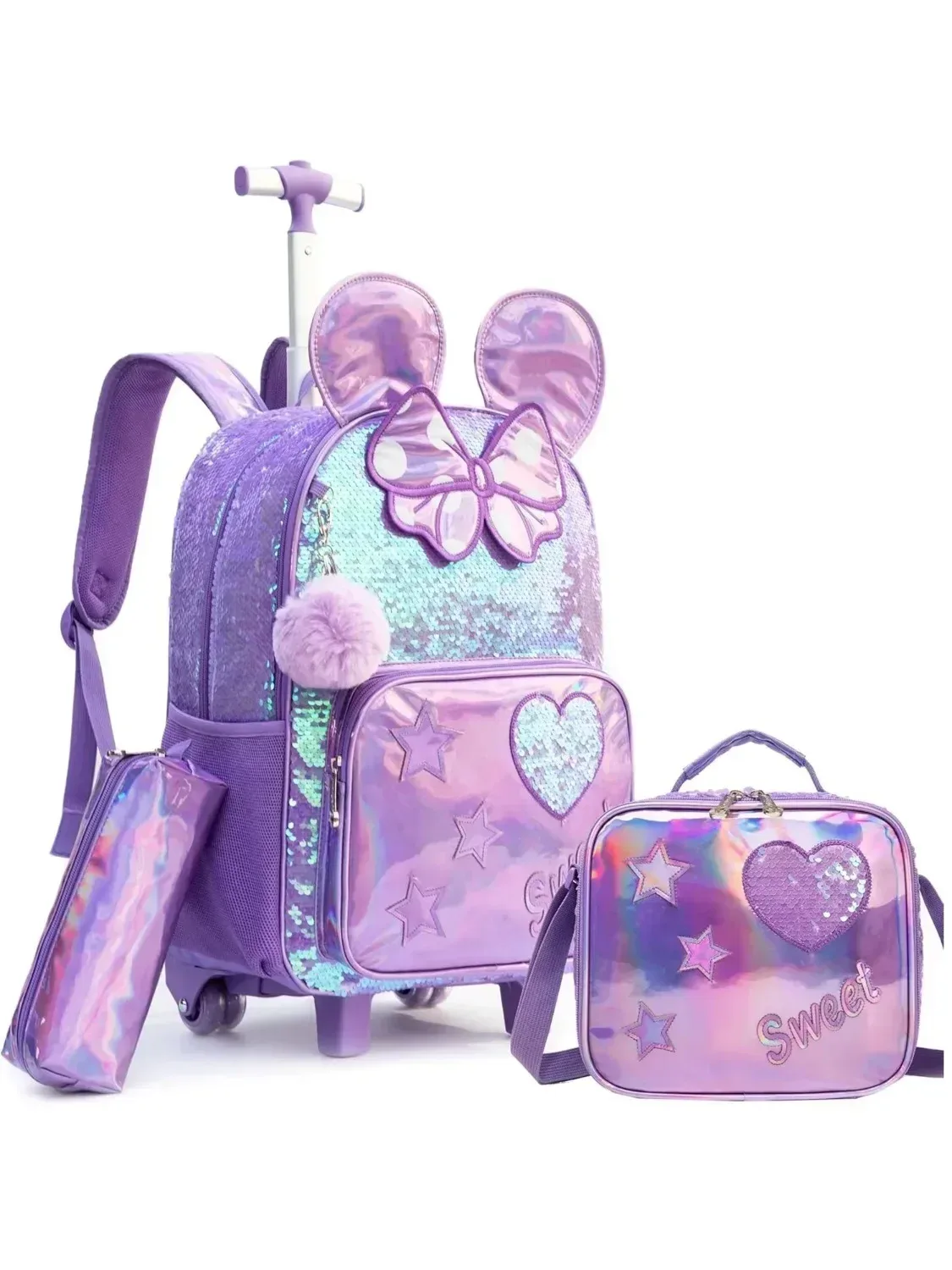 3 pièces mignon paillettes filles sac à dos roulant primaire enfant école sacs à dos fille avec roues retour à l'école sacs pour enfants bagages