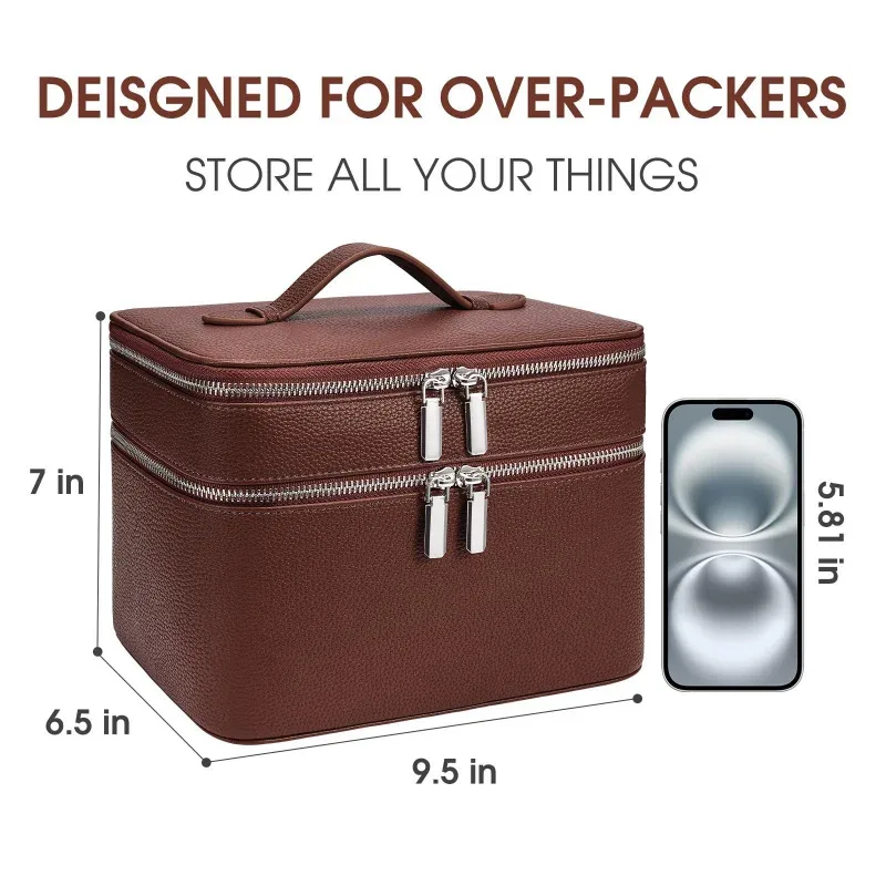trousse de maquillage en cuir double couche grande capacité, organiseur de cosmétiques étanche, trousse de toilette de voyage portable pour femmes