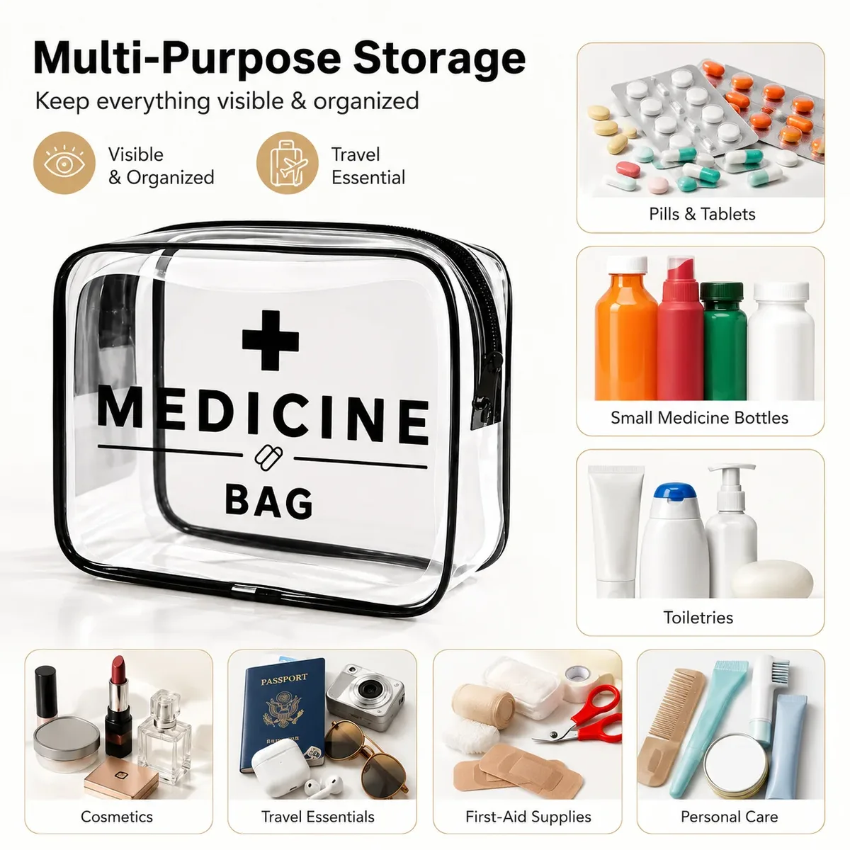 sac à médicaments transparent portable, organisateur de premiers secours transparent, grande capacité, étui de rangement à fermeture éclair pour les voyages et les urgences à domicile.