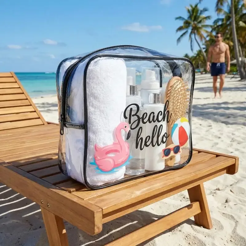 Trousse de Maquillage Spacieuse Transparente Style Plage, Organisateur de Maquillage Portable Grande Capacité pour Voyage