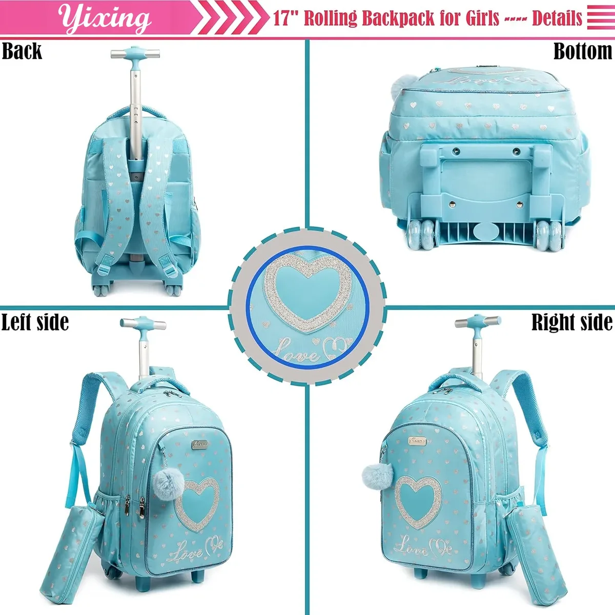 ensemble de sac à dos à roulettes pour enfants avec boîte à lunch, sac à dos scolaire à roulettes, sac à dos trolley pour filles