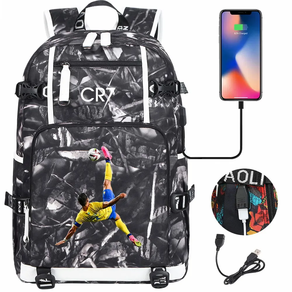 football star cr7 usb adolescents étudiant cartable femmes hommes ordinateur portable voyage sport sac à dos fille garçons enfants retour à l'école livre sacs