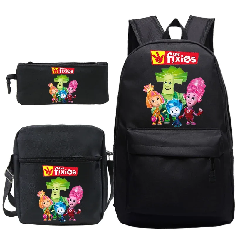 3 pièces nouveau ensemble de sac à dos imprimé the fixies avec sacs à bandoulière trousse à crayons cartable léger pour enfants sac à dos de voyage en plein air