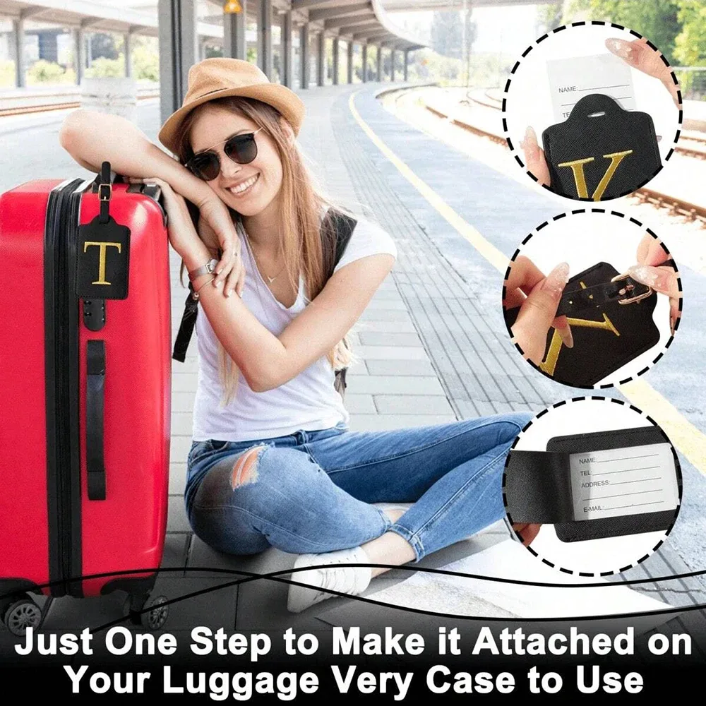 étiquette de bagage en cuir pu pour voyage-étiquette d'identification de valise durable avec couverture de confidentialité et fente pour carte nominative (a-z) liu