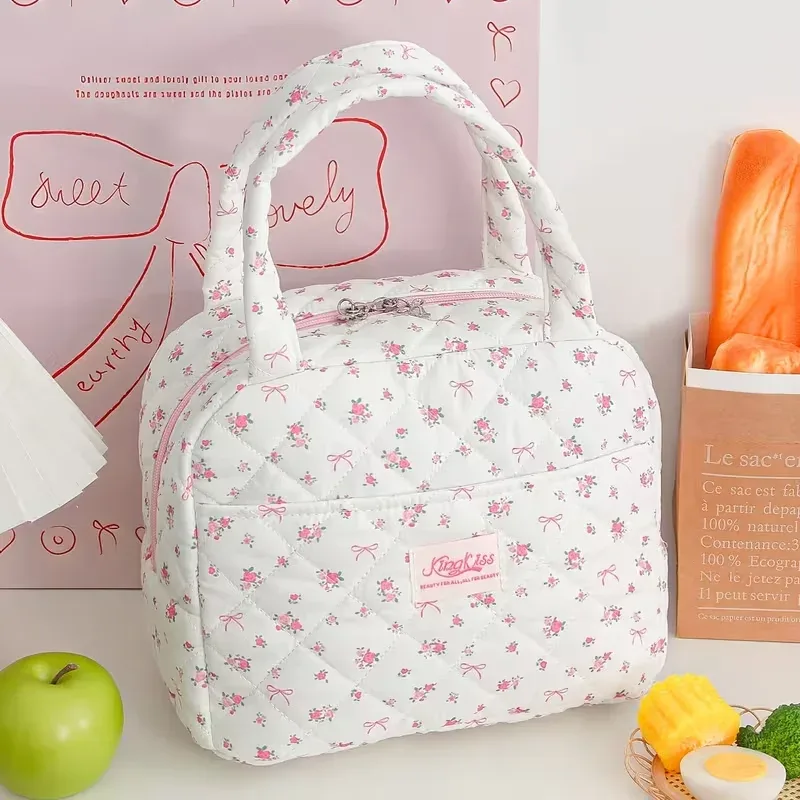 grande capacité - sac fourre-tout imprimé de jolies fleurs, fraises et cerises, pour garder les repas au chaud et au froid (non en contact avec les aliments)
