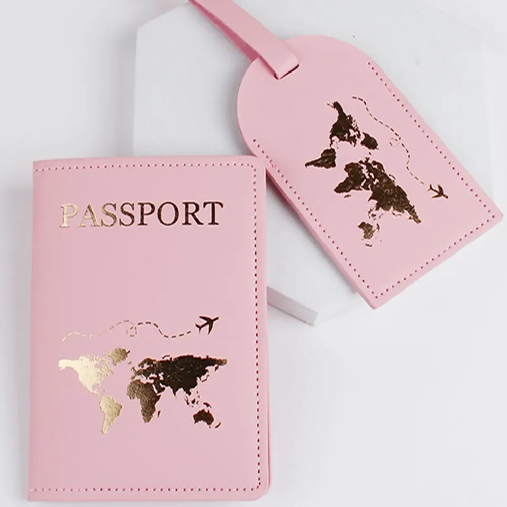 2 pièces/ensemble couverture de passeport étiquette de valise de bagage avec nom carte d'identité anti-perte portefeuille en cuir pu accessoires de voyage pour les couples de vol