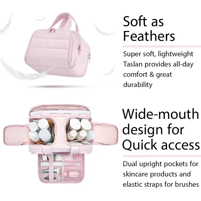 grande trousse de maquillage de voyage 180 °   organisateur de toilette à large ouverture, trousse à cosmétiques rembourrée résistante à l'eau avec poignée pour bouteilles pleines grand format