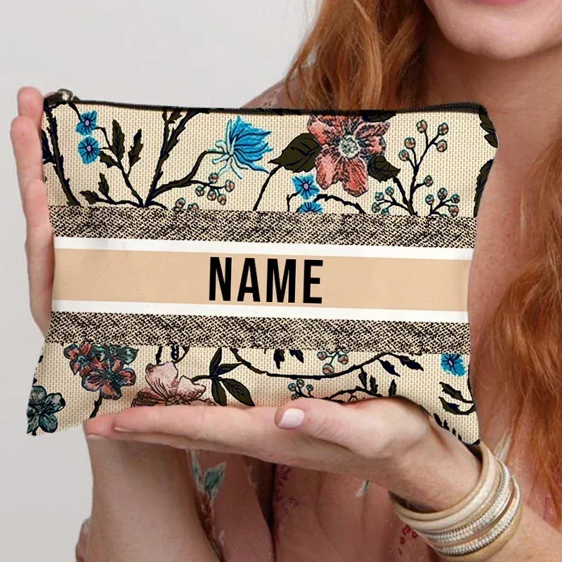 organisateur de cosmétiques de voyage avec nom personnalisé, pochette de rangement pour fournitures de bureau pour femmes, sac de maquillage en toile cadeau personnalisé, trousse à crayons