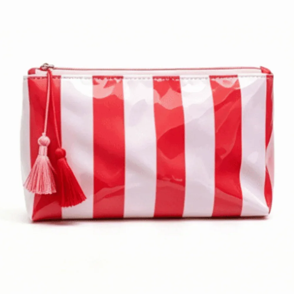 trousse de toilette imperméable rayée grande capacité en polyester avec doublure pvc, sac de rangement de plage simple avec pendentif pompon