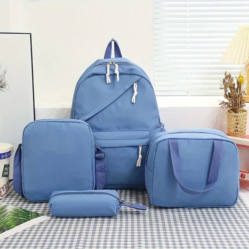 mode décontractée 4 pièces ensemble retour à l'école grande capacité en nylon couleur unie sac à dos & sac à main et trousse à crayons sac à dos pour l'école