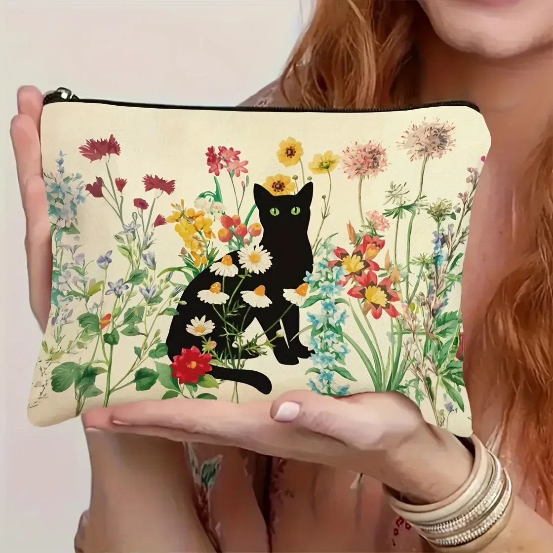 trousse de maquillage florale chat noir, grande capacité, cadeau d'halloween pour femmes, sacs à cosmétiques, pochette à fermeture éclair, trousse à crayons rétro, cadeaux de noël