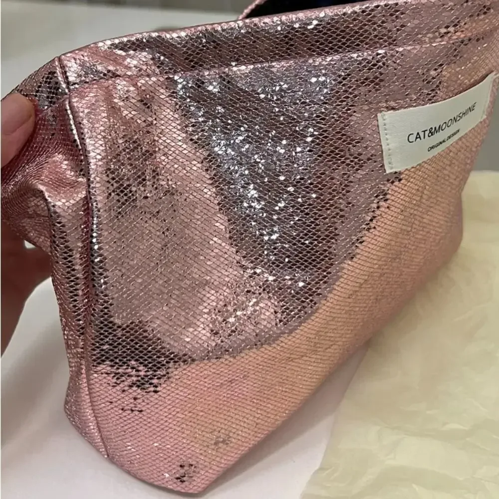 Sac de maquillage à paillettes brillantes, sac à cosmétiques de couleur unie argentée, sac de rangement de soins de la peau pour articles de toilette Champagne, voyage