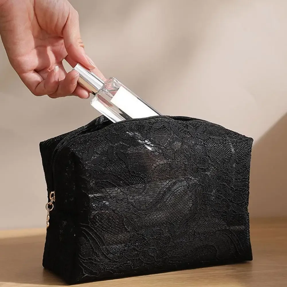 sac de maquillage en dentelle pour femmes, grande capacité, organiseur de cosmétiques et de bijoux, sac à fermeture éclair carré, trousse de toilette portable
