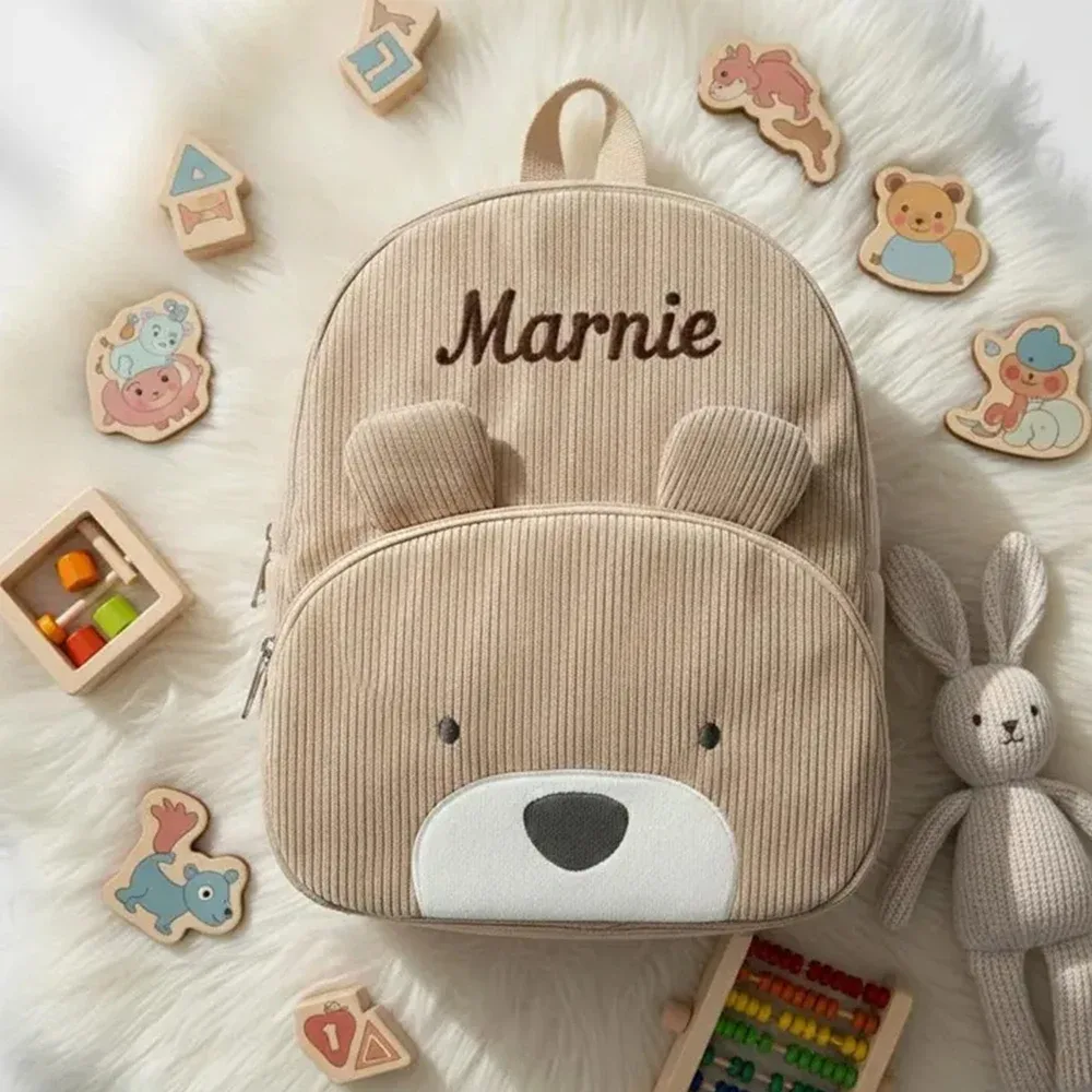 Sac à dos en velours côtelé personnalisé avec nom, broderie, sac à dos de loisirs pour étudiants, grande capacité, mignon sac à dos ours en peluche pour la rentrée scolaire