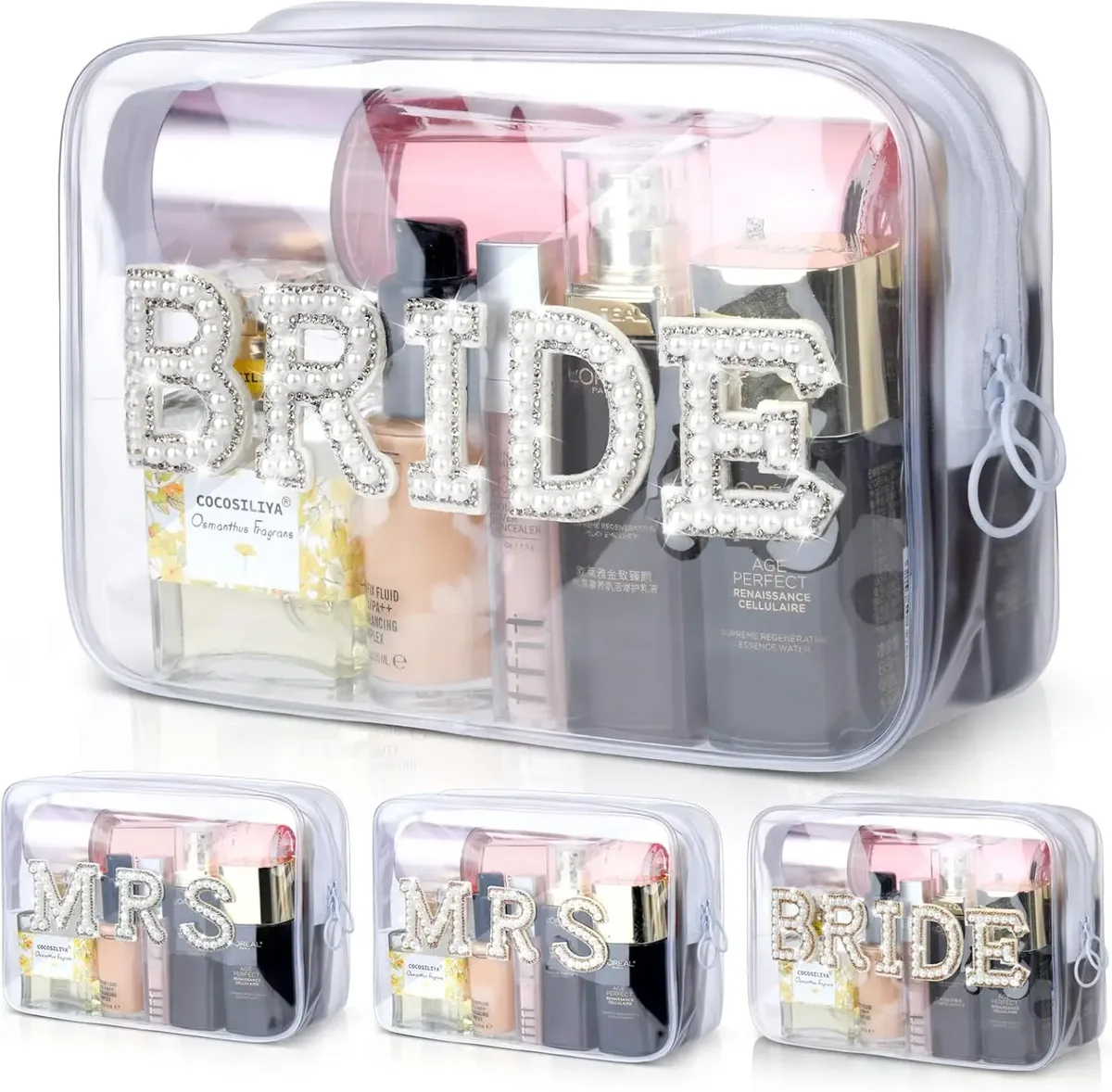 trousse de maquillage transparente pour la mariée, sac cosmétique de fiançailles, cadeaux de douche pour patients, patchs de lettres en biscuits scintillants, voyage en pvc étanche
