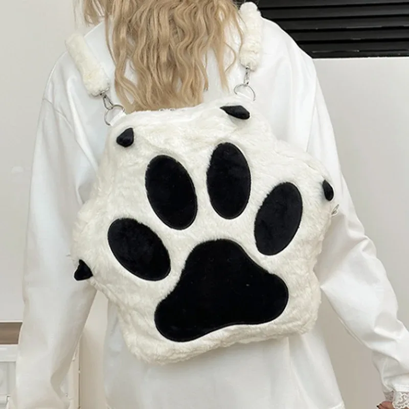 sac à dos en peluche doux et moelleux en forme de patte de chiot ou de chat, style kawaii, avec bretelles réglables, motif animaux de dessin animé, grande capacité