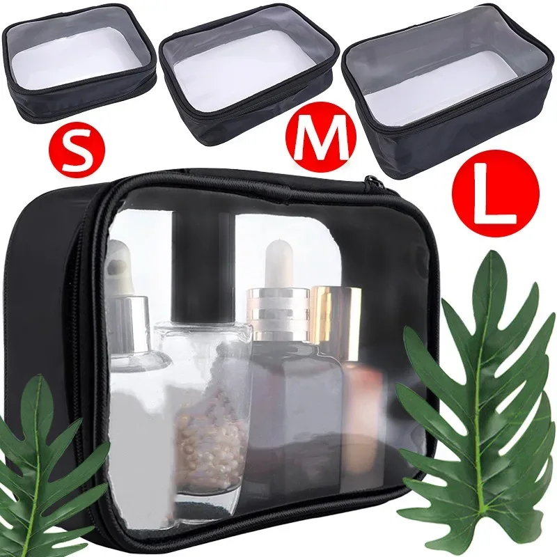 Sac cosmétique étanche transparent TPU, petits articles de toilette de maquillage, fermeture éclair, ouverture, stockage, poudres, noir, sacs de lavage robustes