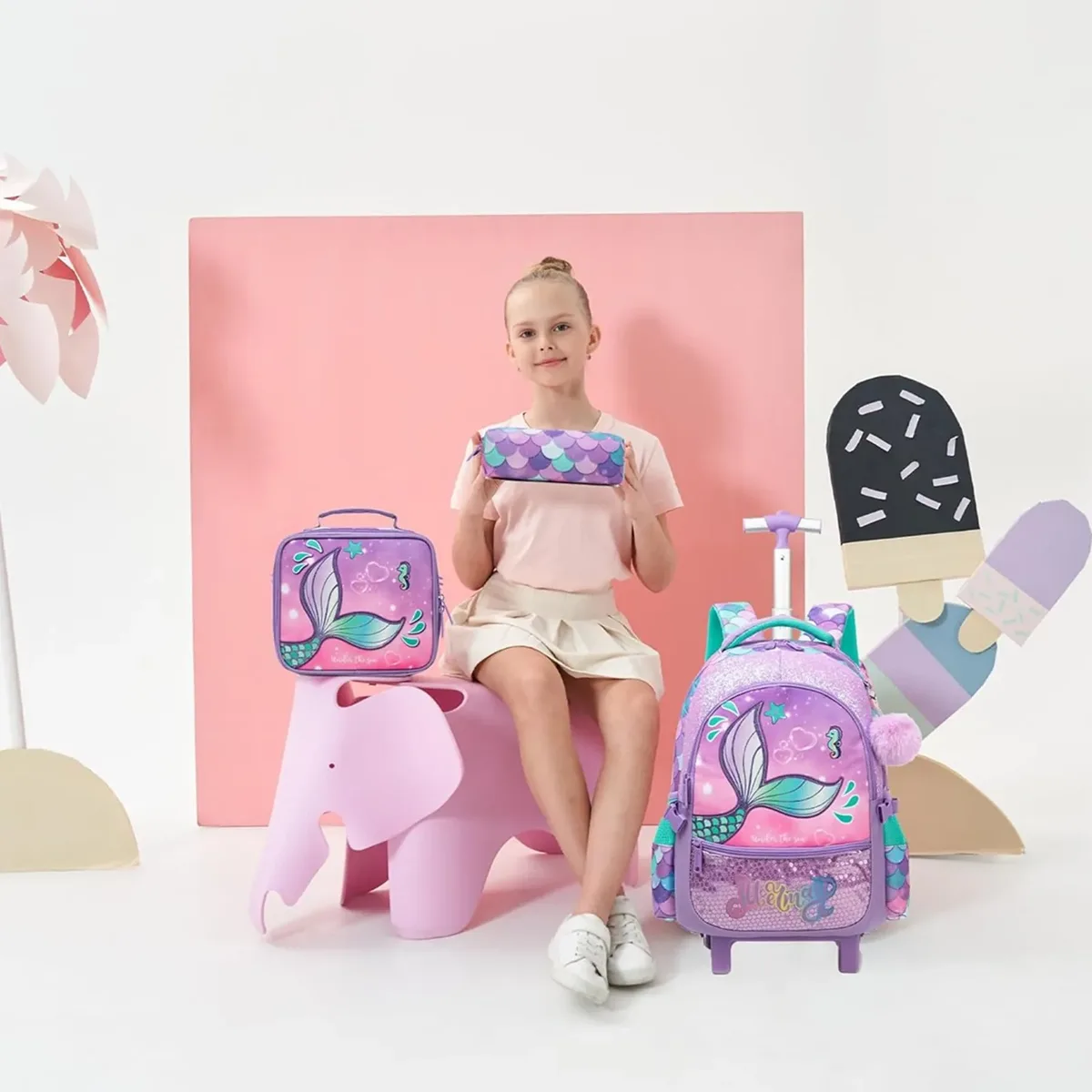 sac à dos à roulettes pour filles, sac à dos pour enfants à roulettes, ensemble de sacs à roulettes pour l'école avec boîte à lunch isotherme, sac de voyage pour enfants