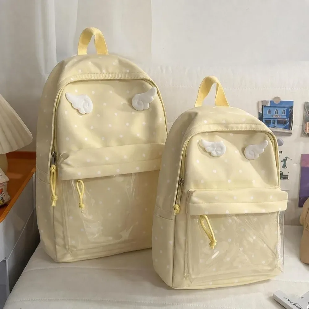 sac à dos à pois de 2 tailles, grande capacité, poche transparente, sac à dos scolaire, motif à pois, sac à dos ailes d'ange pour filles
