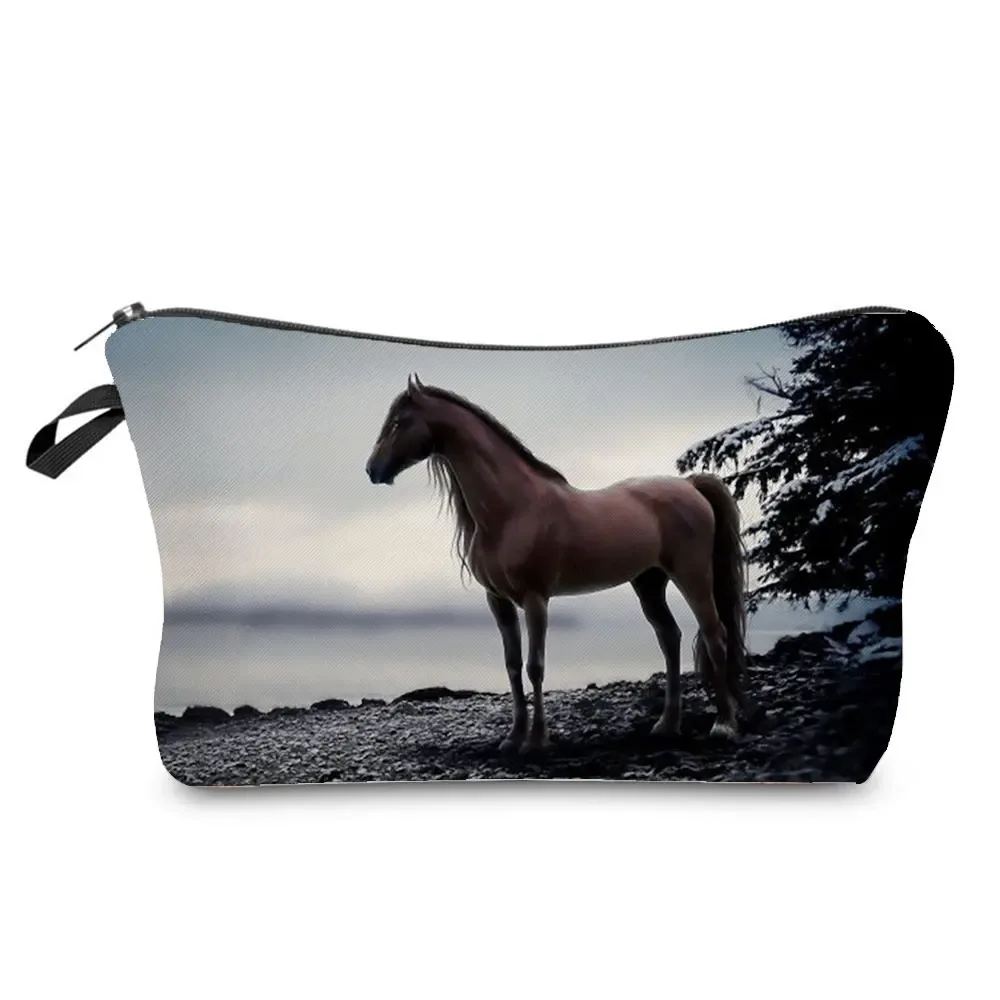 sacs de maquillage imprimés cheval pour femmes, sac à cosmétiques décontracté pour filles, mini trousse de toilette écologique réutilisable de voyage, trousse à crayons pour étudiants