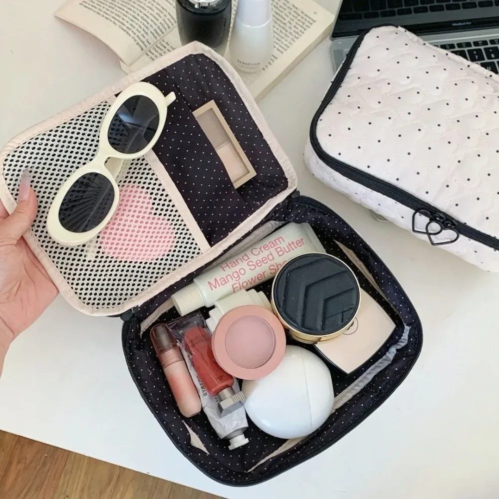 trousse de toilette matelassée à pois pour femme, grande capacité, sac de maquillage de voyage, organiseur de toilette à fermeture éclair, étui de rangement multifonctionnel pour produits de beauté