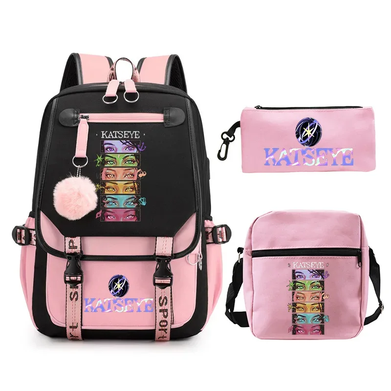 sac à dos imprimé katseye kpop pour adolescentes, ensemble de trousses à crayons, sac à dos d'école pour étudiantes, mochila de voyage pour femmes, 3 pièces