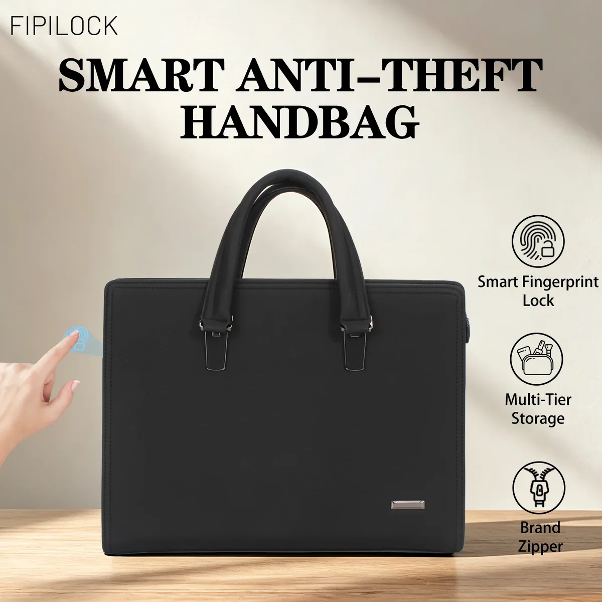 fipilock sac pour ordinateur portable en cuir, sacs à main rigides de luxe pour hommes avec déverrouillage intelligent par empreinte digitale, sac d'affaires pour bureau