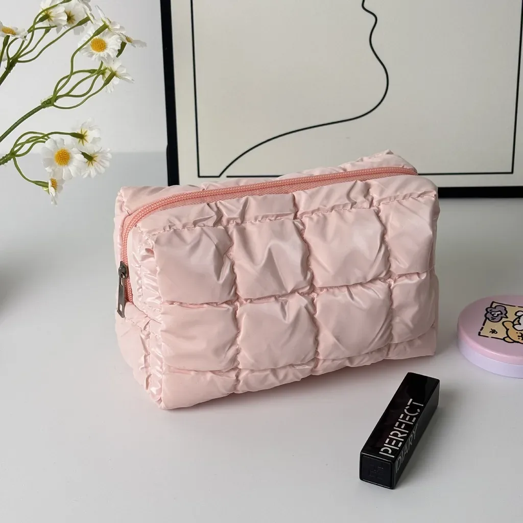 trousse de maquillage matelassée en coton doux et mignon, grande trousse de toilette à fermeture éclair, organiseur de cosmétiques rembourré pour femmes