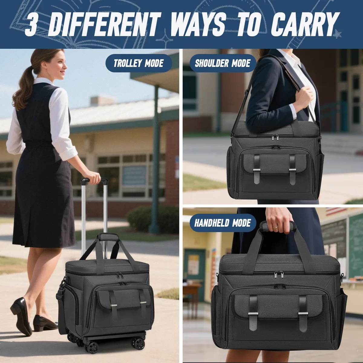 Sac fourre-tout pour enseignant à roulettes, grand fourre-tout avec chariot à roulettes détachables, sac pour ordinateur portable de 15.6 pouces, sac pour enseignant à roulettes pour le travail et le bureau