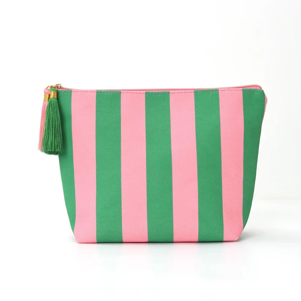 sac de maquillage portable en velours côtelé, grande capacité, motif rayé, sac de toilette, sac de rangement, utilisation en voyage