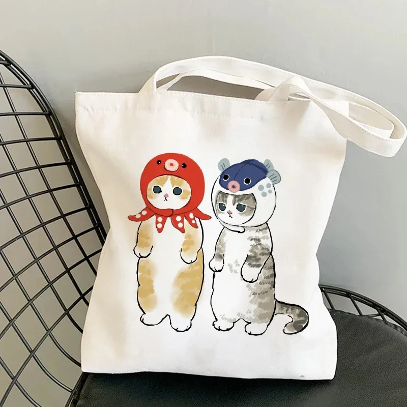 sac kawaii sac blanc sacs porté épaule sacs à provisions sacs à bandoulière en toile pour filles, sac de shopping à la mode, kawaii chats animaux mignons, sac de shopping, fourre-tout décontracté