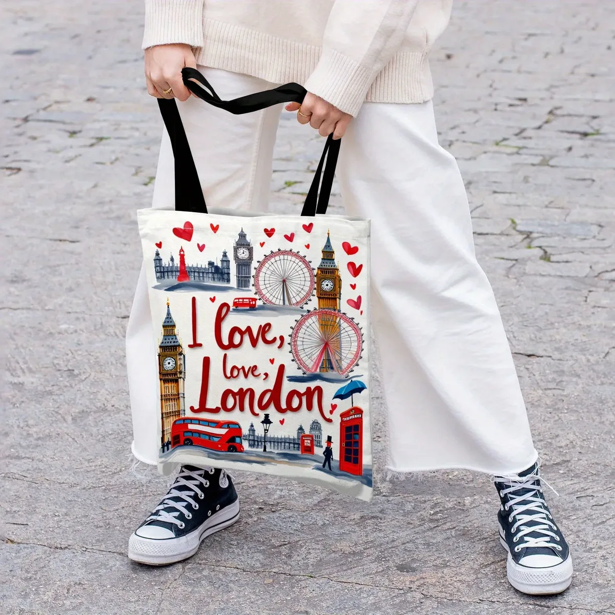 sac fourre-tout décontracté imprimé motif bus paysage de londres, sac à main multifonctionnel réutilisable à la mode, sac de plage, sac de courses imprimé