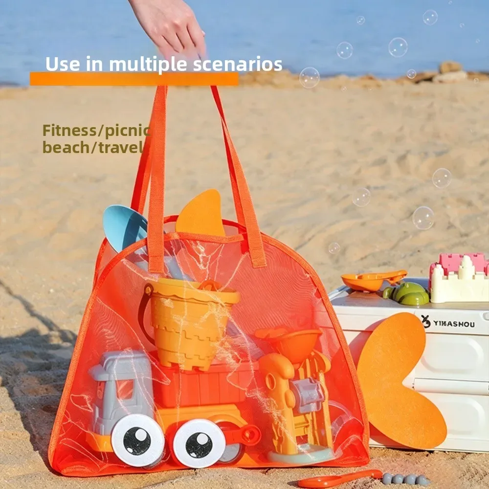 sacs de plage en maille colorés pour enfants, motif requin de dessin animé, anti-sable, séchage rapide, sacs de rangement pour coquillages et jouets, pour les vacances des tout-petits