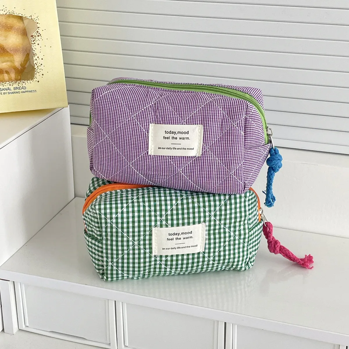 porte-monnaie à carreaux matelassés pour femmes, porte-crayon pour documents d'abonnés, petit sac de rangement imprimé lettre, sacs à cosmétiques pour filles, pochette femme